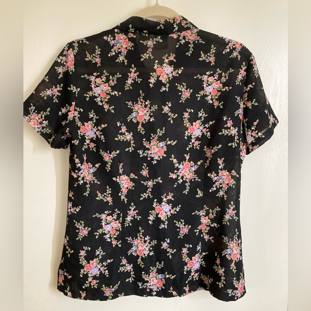 *Emma James Black Floral Button Up Semi Sheer Size 6 Short Sleeve Blouse #Gy - Picture 8 of 8